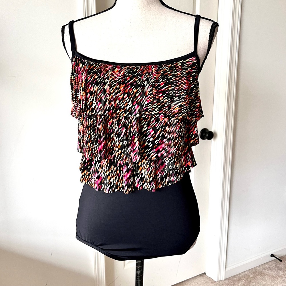 Vintage MAXINE Pleated Tiered Spaghetti Strap One Piece Bathing Suit—SZ. 10